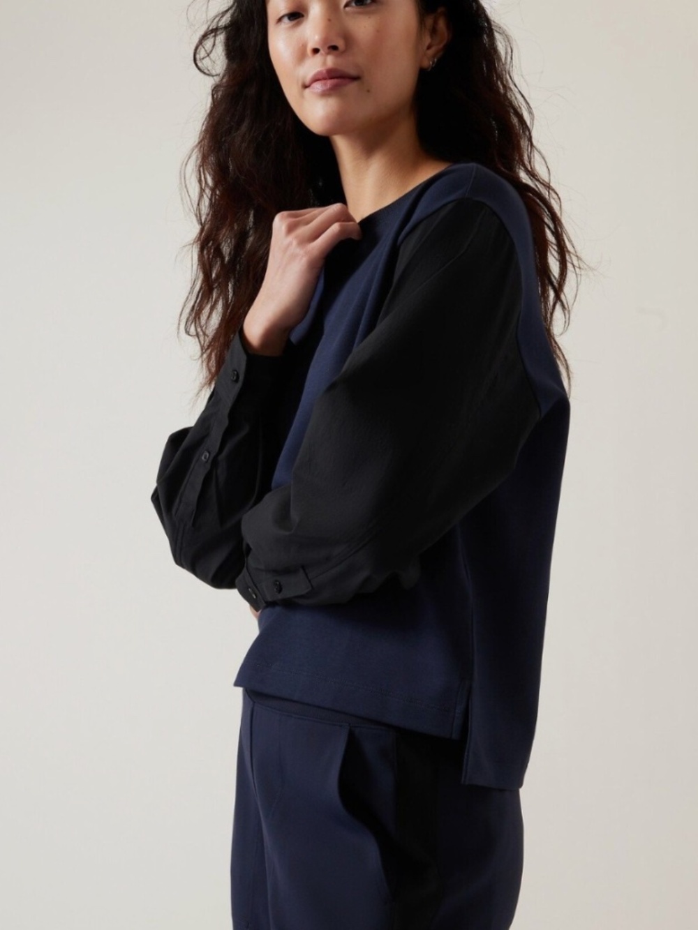 Athleta Women's Navy Blue Black Harlow Hybrid Top Long Sleeve Size Large EUC